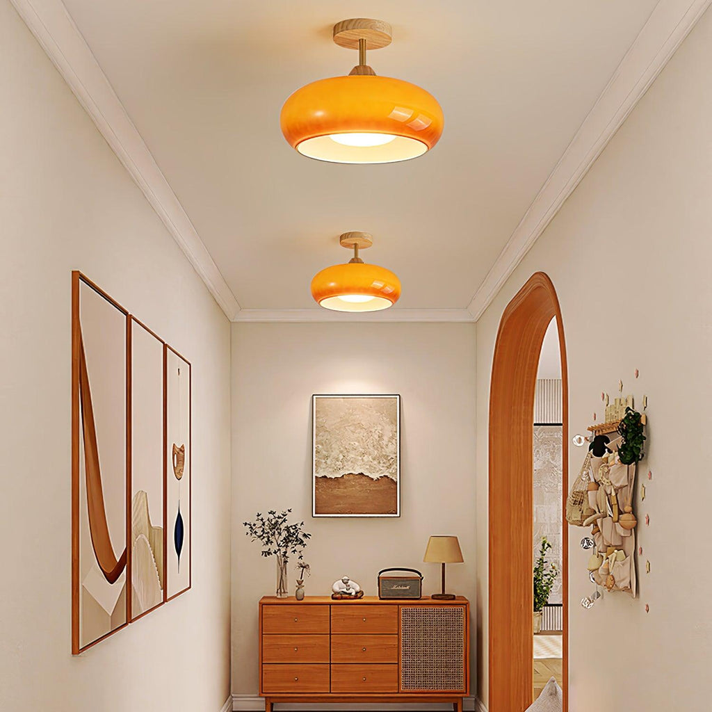 Lámpara de techo de cristal y madera, blanca y naranja, Ø28cm, para dormitorio o comedor, estilo Bauhaus, vintage, iluminación ambiental retro de