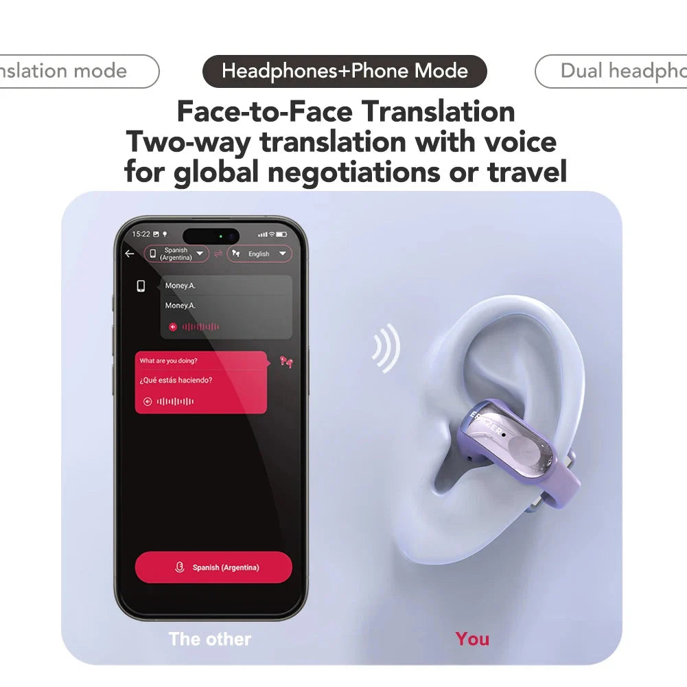 Auriculares inalámbricos de oído abierto con traducción en tiempo real. Traducción de 135 idiomas. Para viajes y oficina. Otoño de 2026.