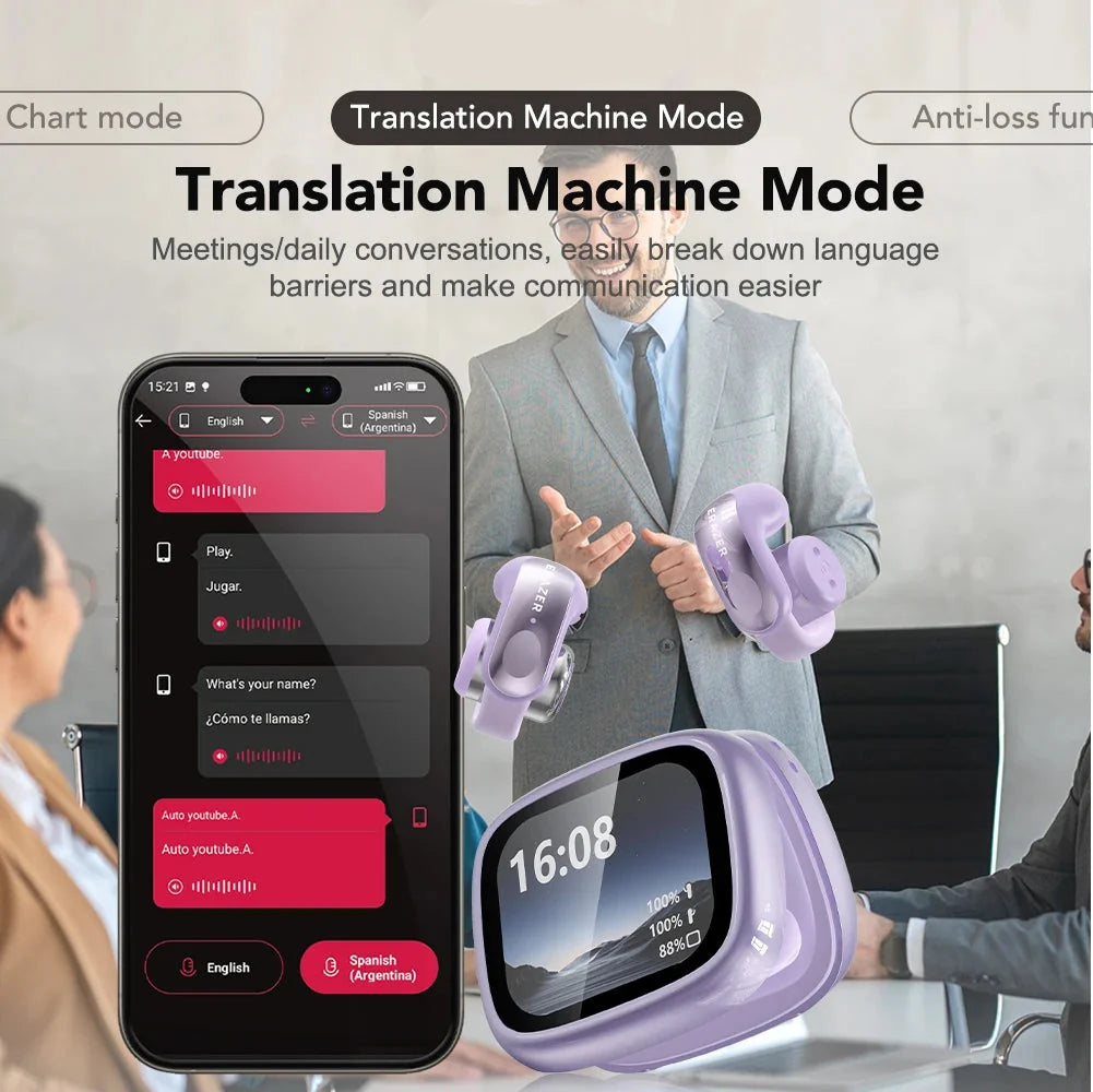 Auriculares inalámbricos de oído abierto con traducción en tiempo real. Traducción de 135 idiomas. Para viajes y oficina. Otoño de 2026.