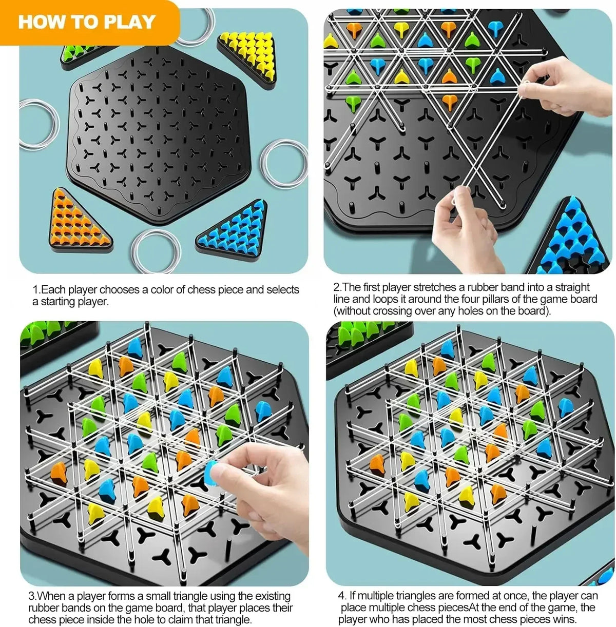 Juego de ajedrez de estrategia triangular para 2-4 jugadores - Divertido juego de mesa familiar para niños y adultos con desafío de banda elástica