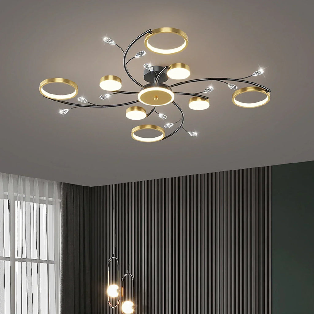Lámpara de techo LED moderna | Anillos dorados con detalles de cristal