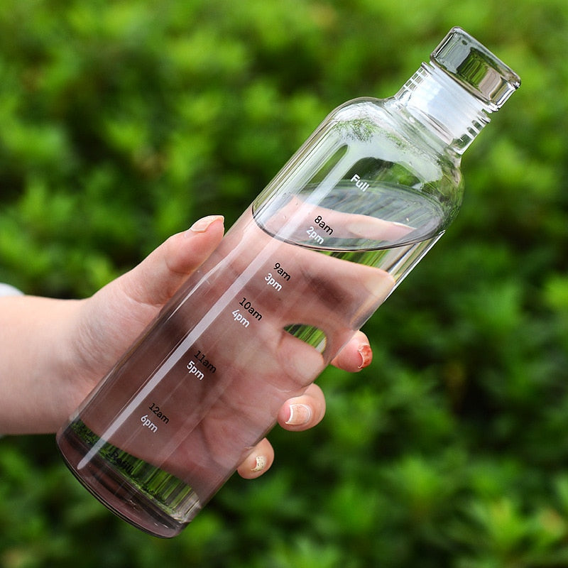 Botella de agua de vidrio resistente al calor con escala de tiempo