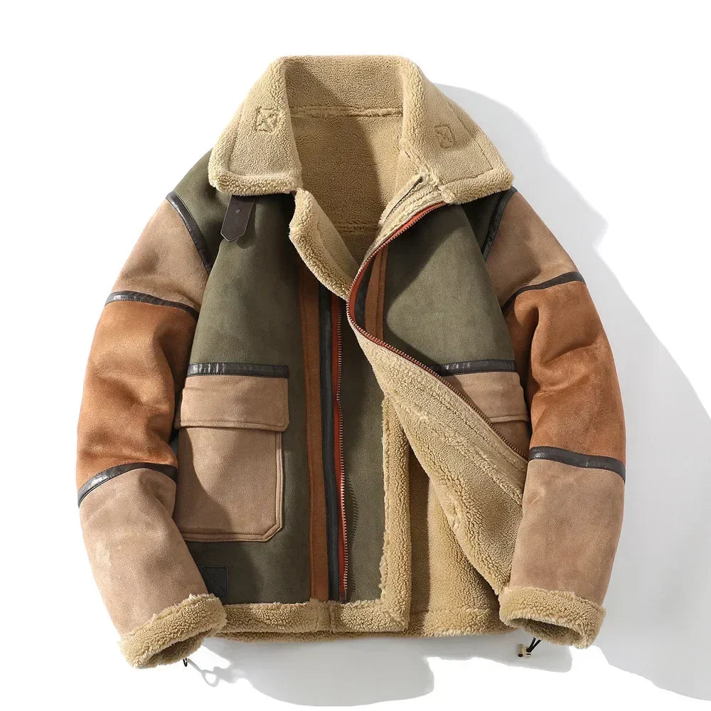 Chaqueta de hombre de borrego con bloques de color – Forro cálido y corte relajado