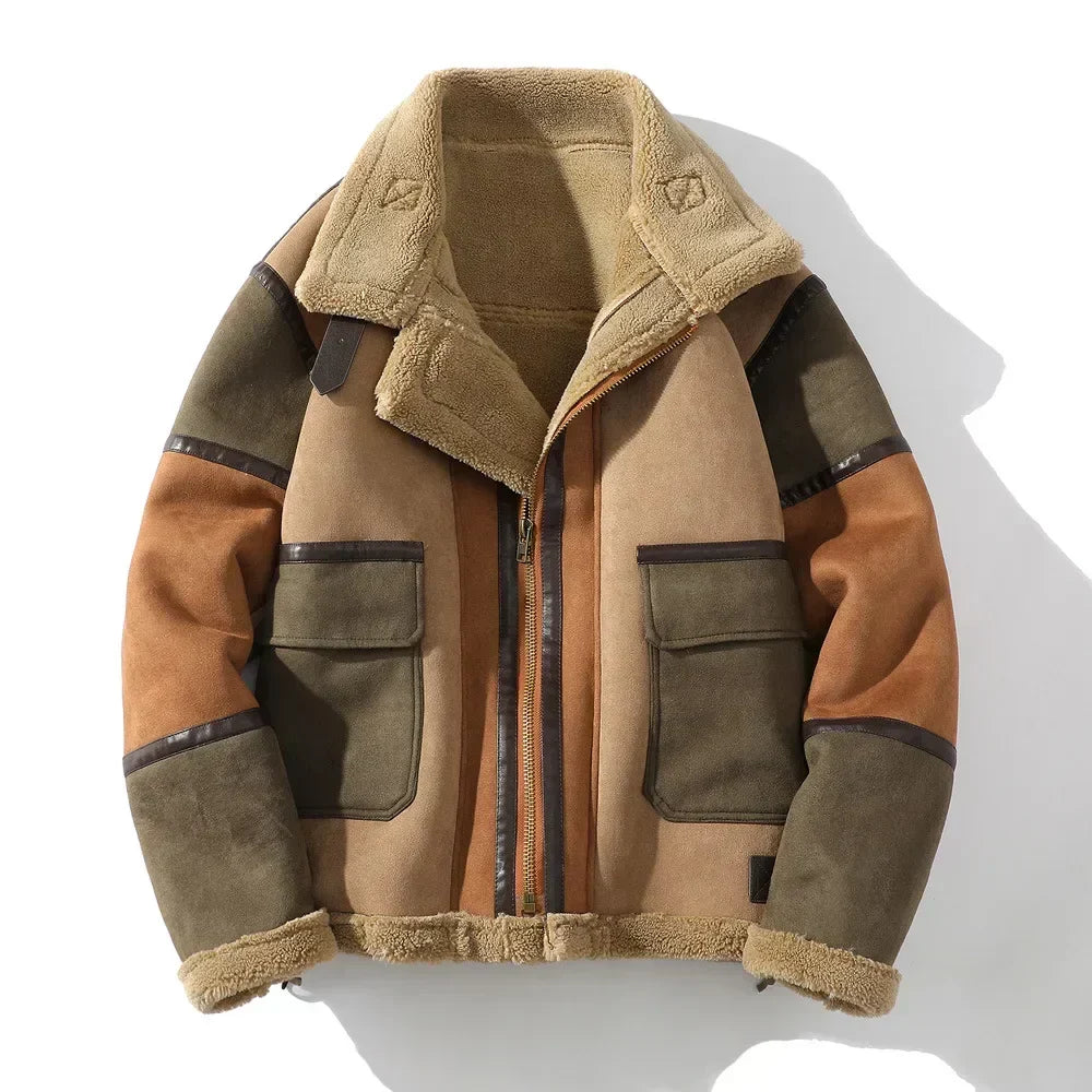 Chaqueta de hombre de borrego con bloques de color – Forro cálido y corte relajado