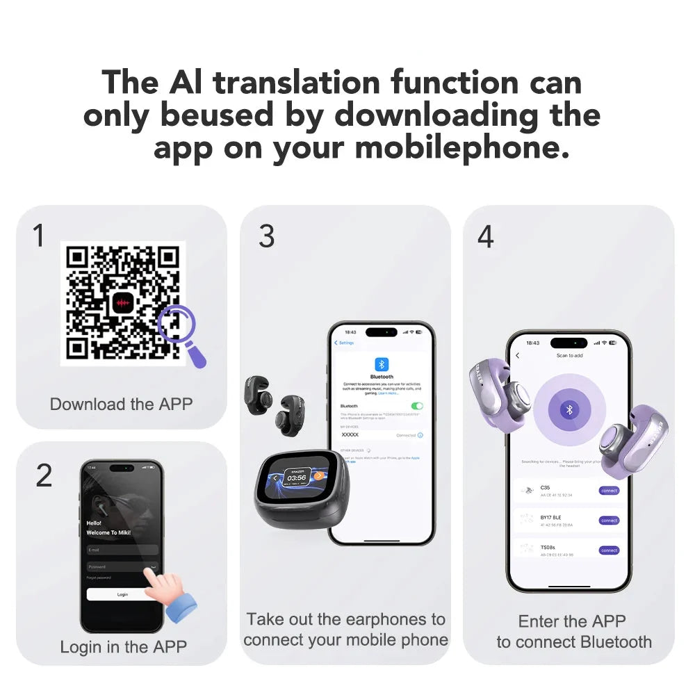 Auriculares inalámbricos de oído abierto con traducción en tiempo real. Traducción de 135 idiomas. Para viajes y oficina. Otoño de 2026.