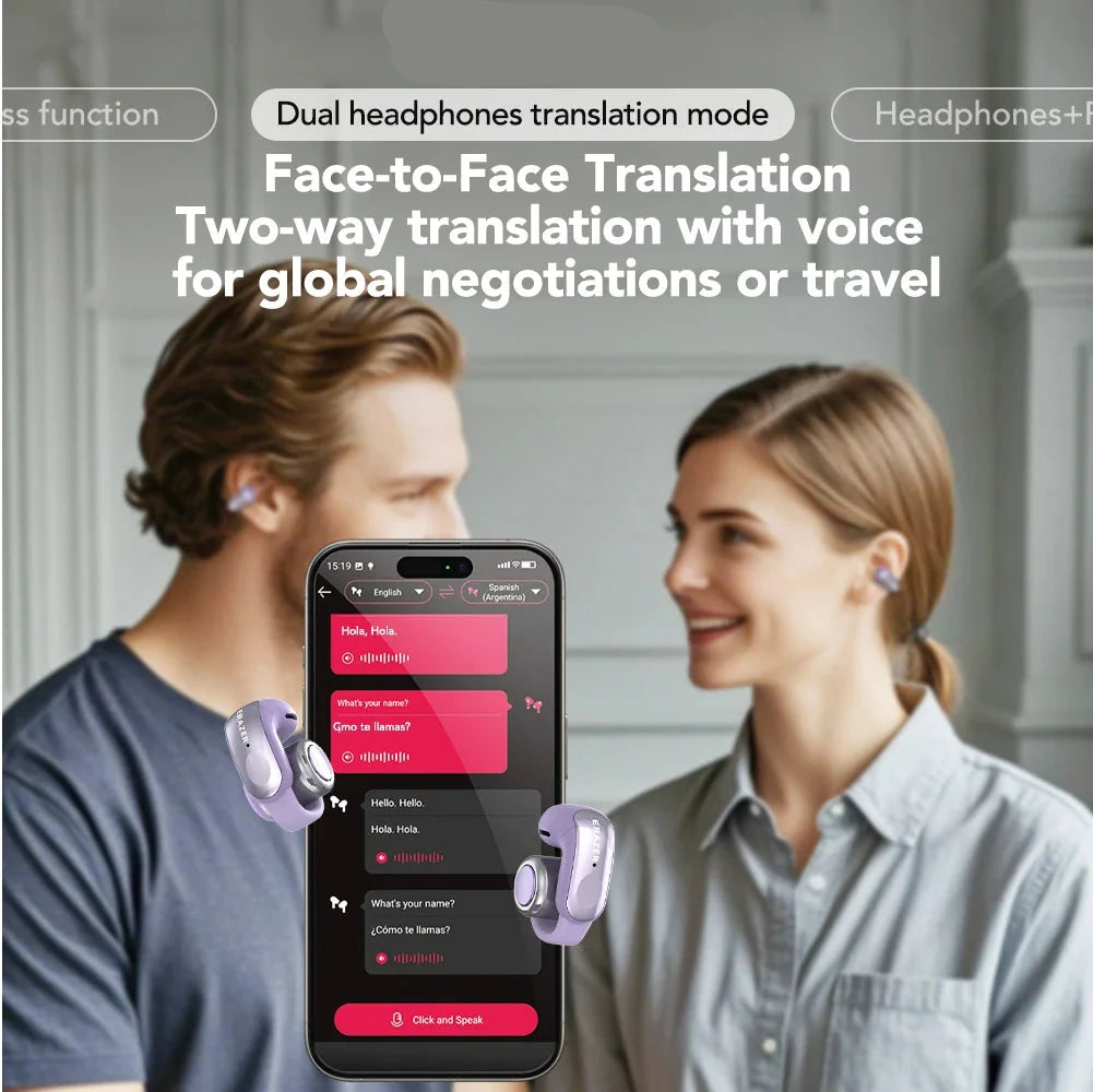Auriculares inalámbricos de oído abierto con traducción en tiempo real. Traducción de 135 idiomas. Para viajes y oficina. Otoño de 2026.