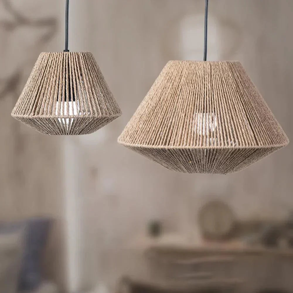 Lámpara de techo geométrica de madera | Diseño de cuerda de yute natural