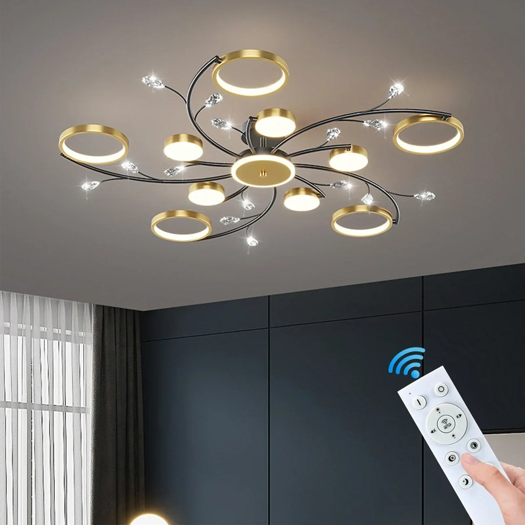 Lámpara de techo LED moderna | Anillos dorados con detalles de cristal
