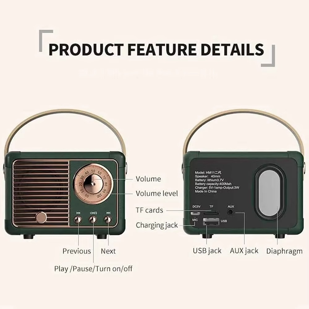 Altavoz Bluetooth inalámbrico de estilo vintage con subwoofer