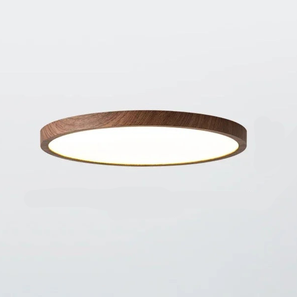 Lámpara de techo circular moderna con iluminación LED ajustable en acabado nogal cálido para sala de estar y dormitorio.