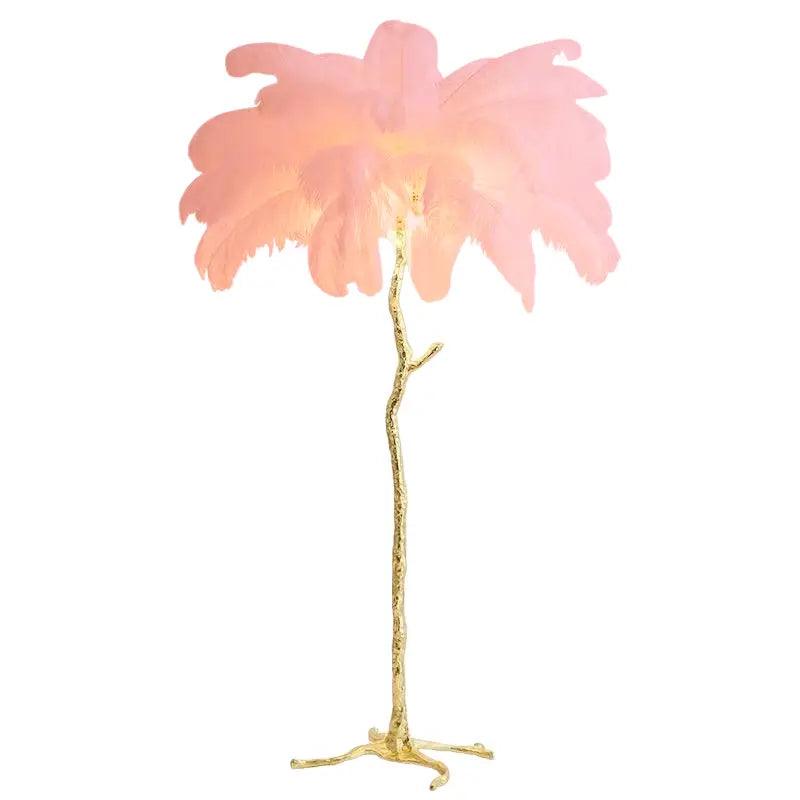 Lámpara de pie nórdica con plumas | Base dorada con plumas de avestruz rosa