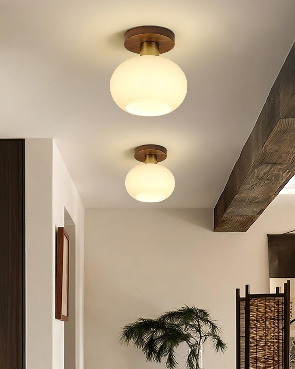 Lámpara de techo Nogal Cobre Cristal Blanco Ø18cm Sala de estar Dormitorio Pasillo Globo Opal Luz de techo Iluminación ambiental retro