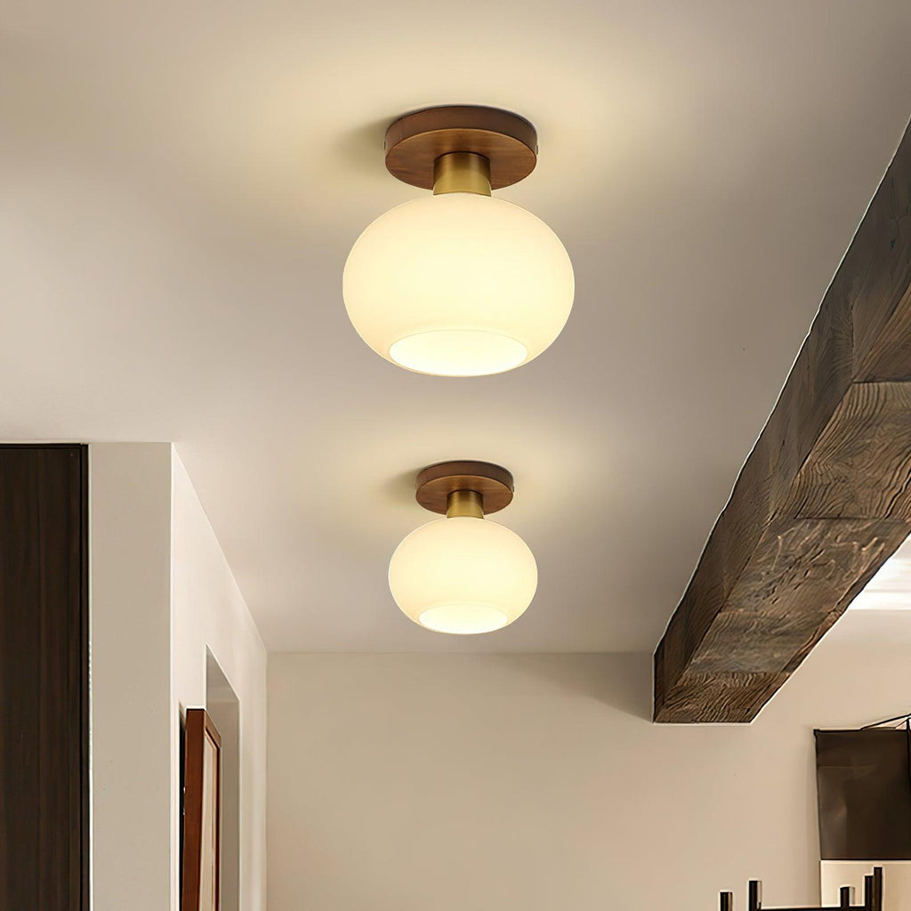 Lámpara de techo Nogal Cobre Cristal Blanco Ø18cm Sala de estar Dormitorio Pasillo Globo Opal Luz de techo Iluminación ambiental retro
