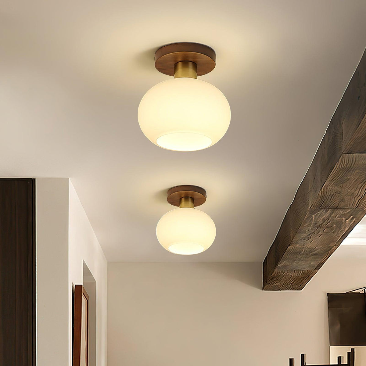 Lámpara de techo Nogal Cobre Cristal Blanco Ø18cm Sala de estar Dormitorio Pasillo Globo Opal Luz de techo Iluminación ambiental retro