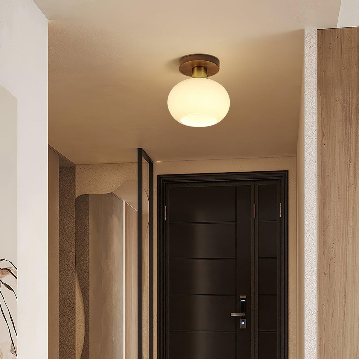Lámpara de techo Nogal Cobre Cristal Blanco Ø18cm Sala de estar Dormitorio Pasillo Globo Opal Luz de techo Iluminación ambiental retro