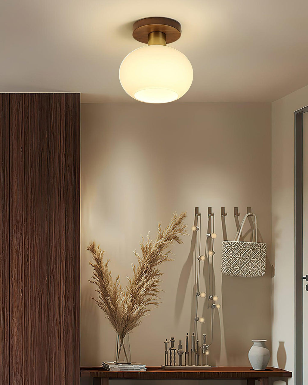 Lámpara de techo Nogal Cobre Cristal Blanco Ø18cm Sala de estar Dormitorio Pasillo Globo Opal Luz de techo Iluminación ambiental retro