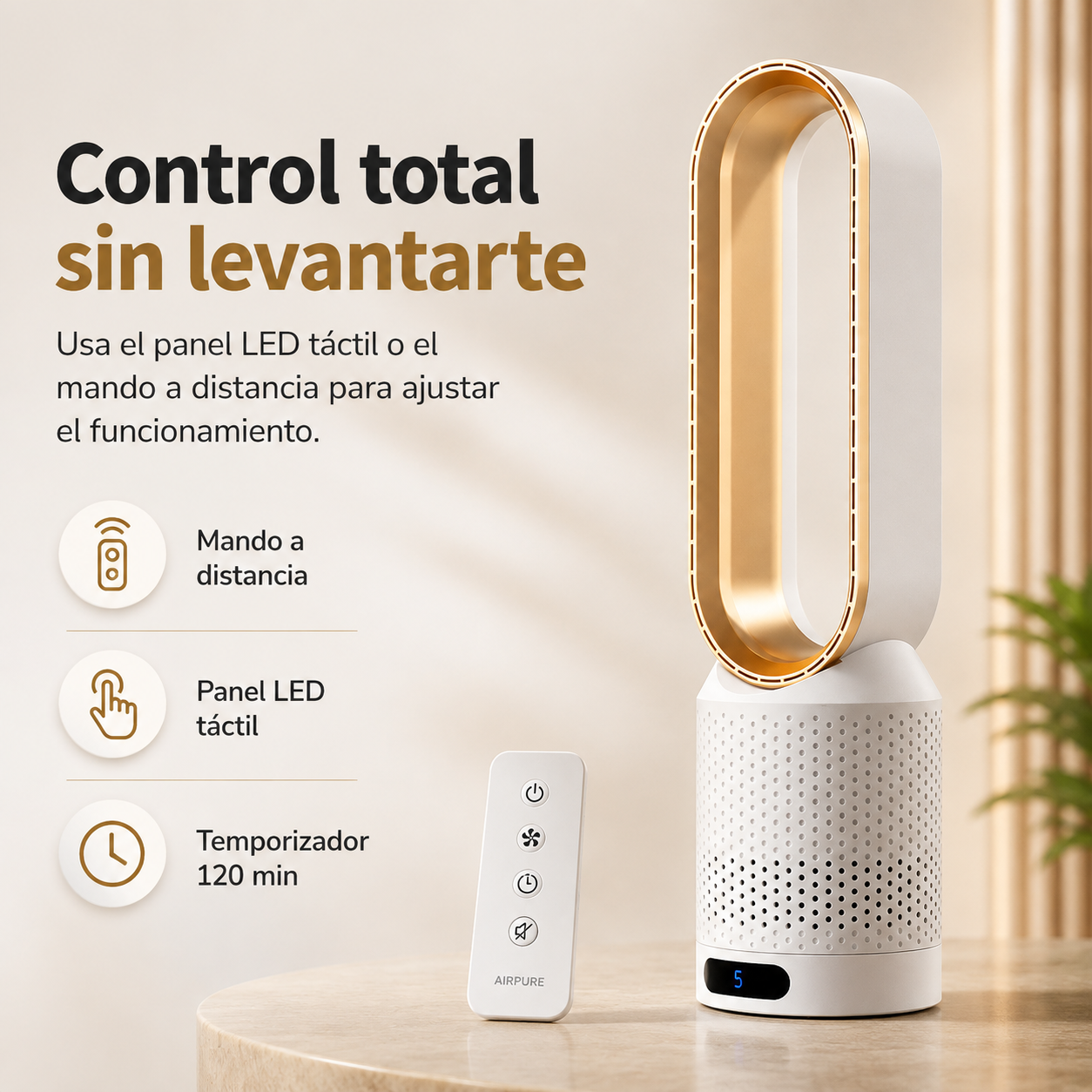 Enfriador de aire 3 en 1 con purificador, oscilación y panel LED táctil AirPure