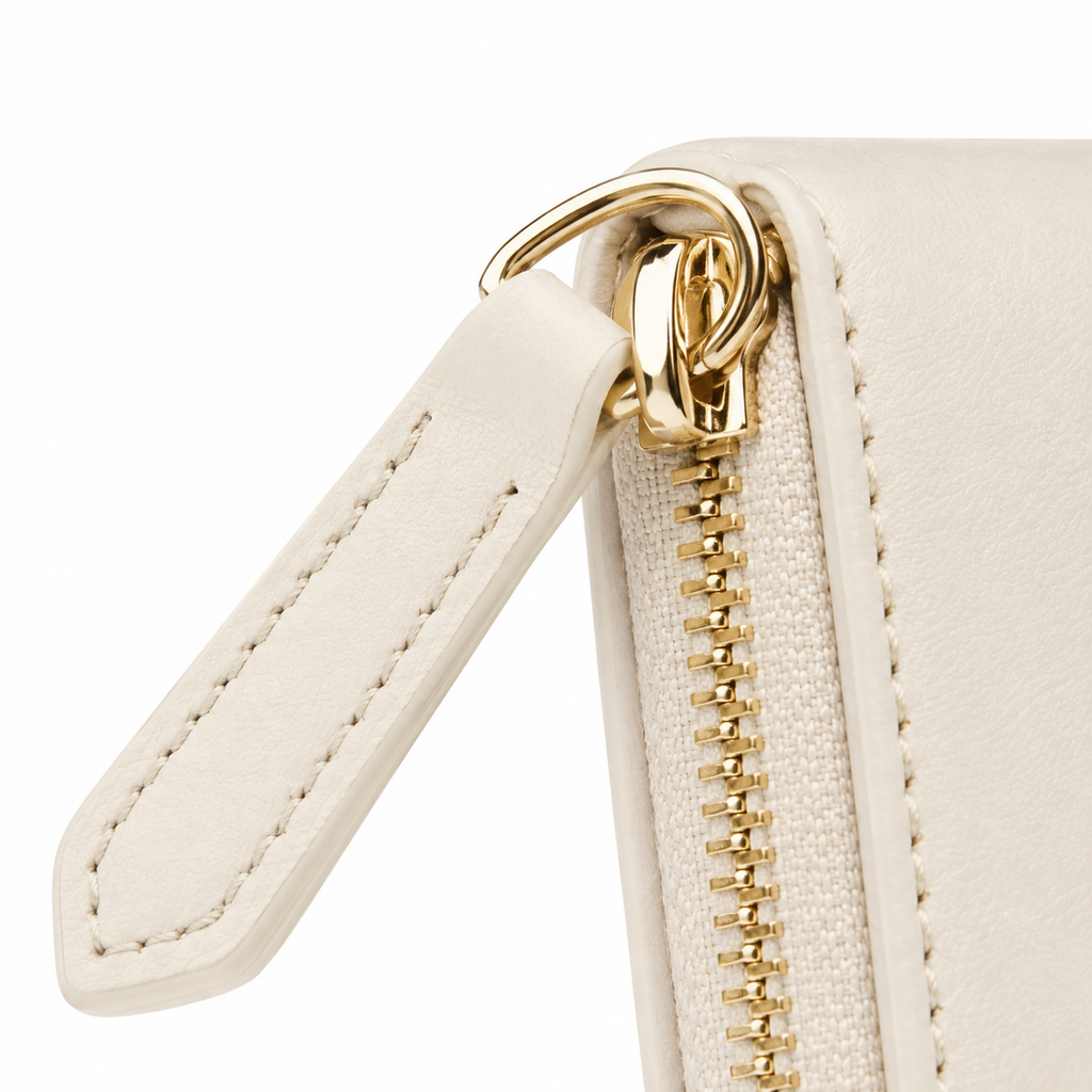 Vista lateral de la cartera beige.