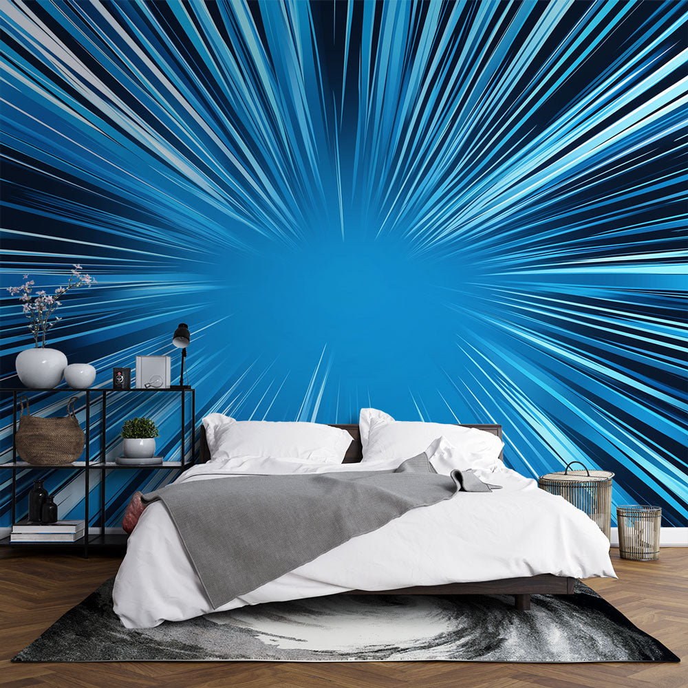 Papel pintado mural abstracto | Diseño de rayos de luz azul dinámicos