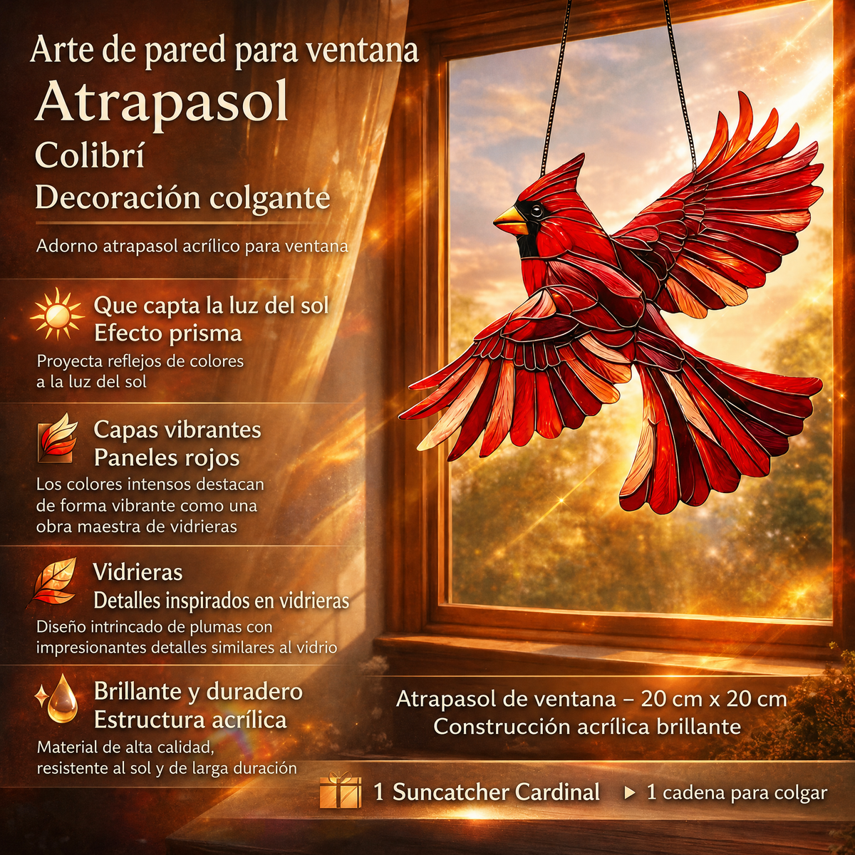 Adorno colgante de colibrí para ventana y pared tipo suncatcher
