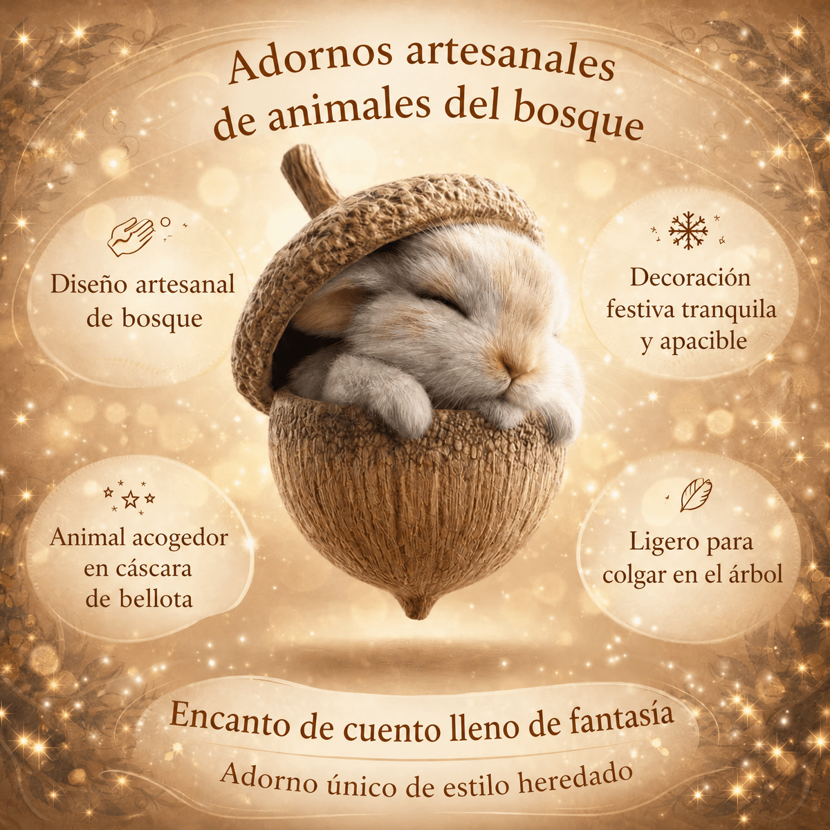 Adornos navideños hechos a mano para árbol con bellotas y animales del bosque