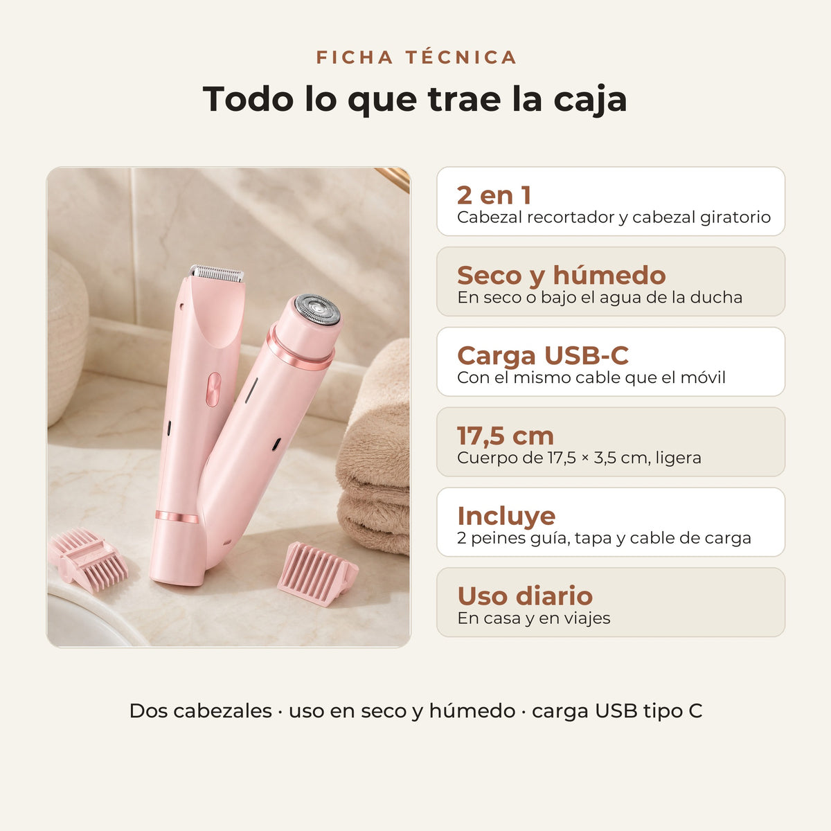 Afeitadora eléctrica 2 en 1 para mujer con recortadora recargable