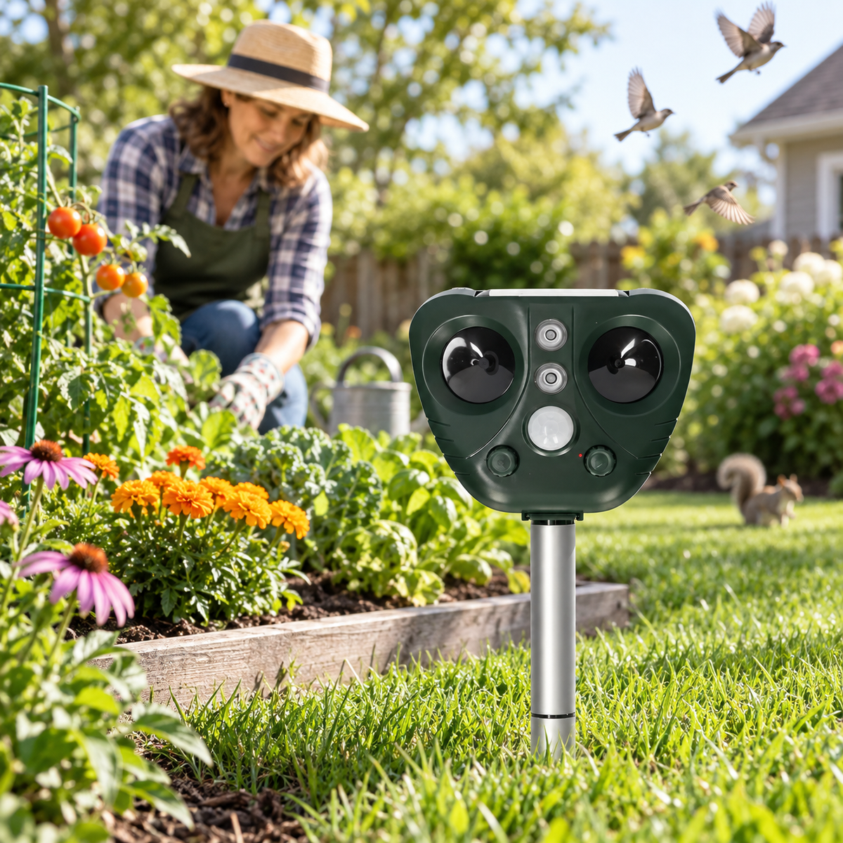 Ahuyentador de Pájaros Ultrasónico Solar para Exteriores Jardín y Patio Control de Plagas