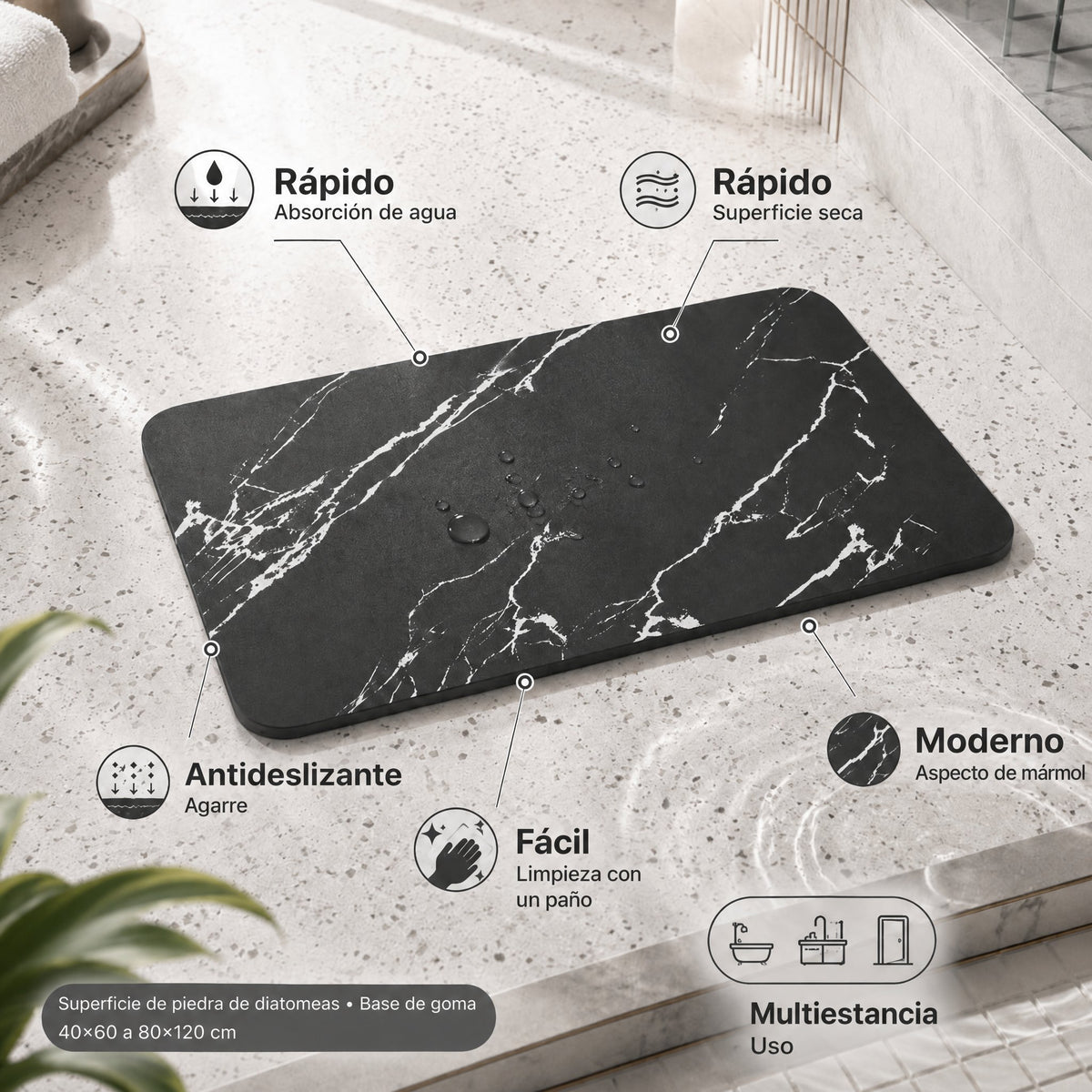 Alfombrilla de baño de secado rápido de piedra de diatomeas antideslizante con diseño mármol