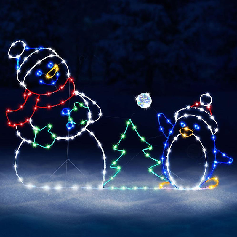Animated LED Snowball Fight Light | Decoración navideña exterior con muñeco de nieve y pingüino