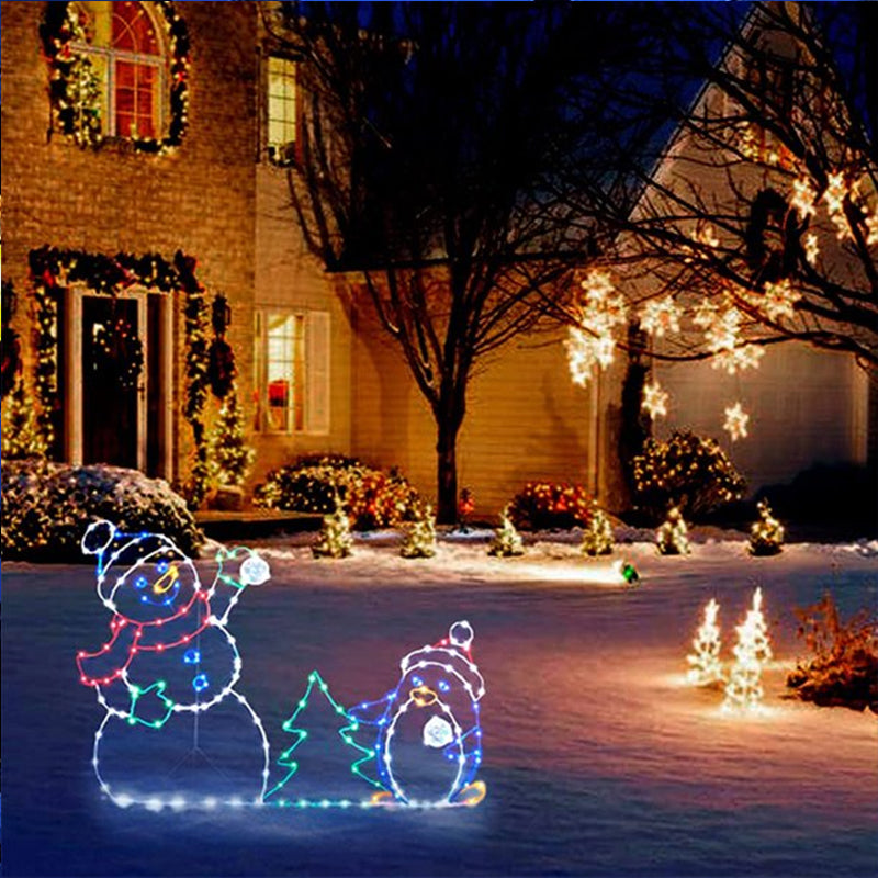 Animated LED Snowball Fight Light | Decoración navideña exterior con muñeco de nieve y pingüino