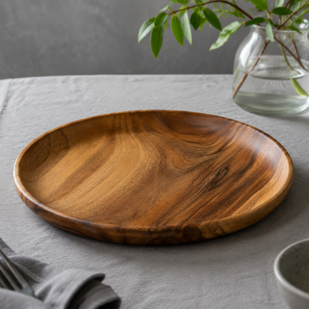 Detalle de la textura de la madera de acacia en el plato