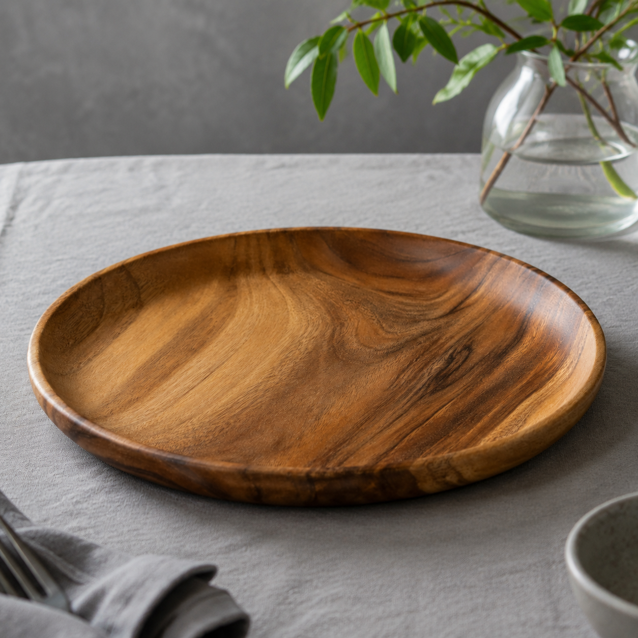 Detalle de la textura de la madera de acacia en el plato
