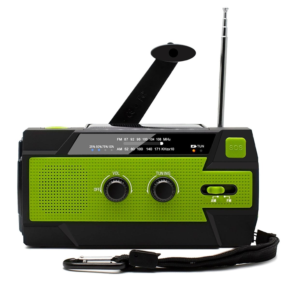Baliza de radio de emergencia con dinamo manual, panel solar, radio AM/FM y linterna LED