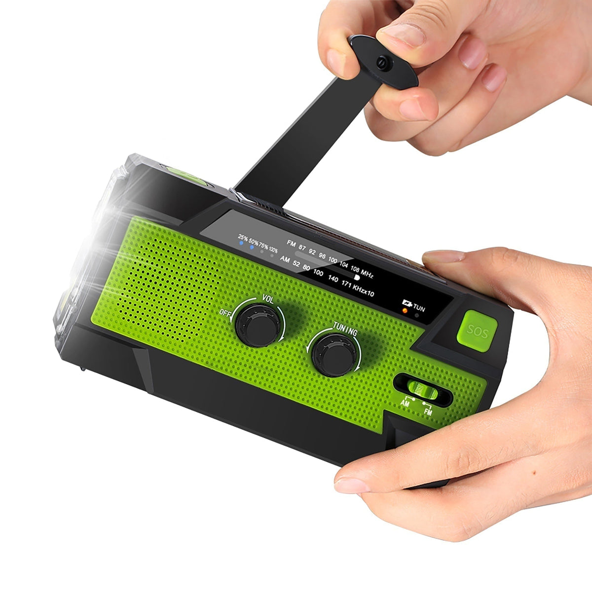 Baliza de radio de emergencia con dinamo manual, panel solar, radio AM/FM y linterna LED