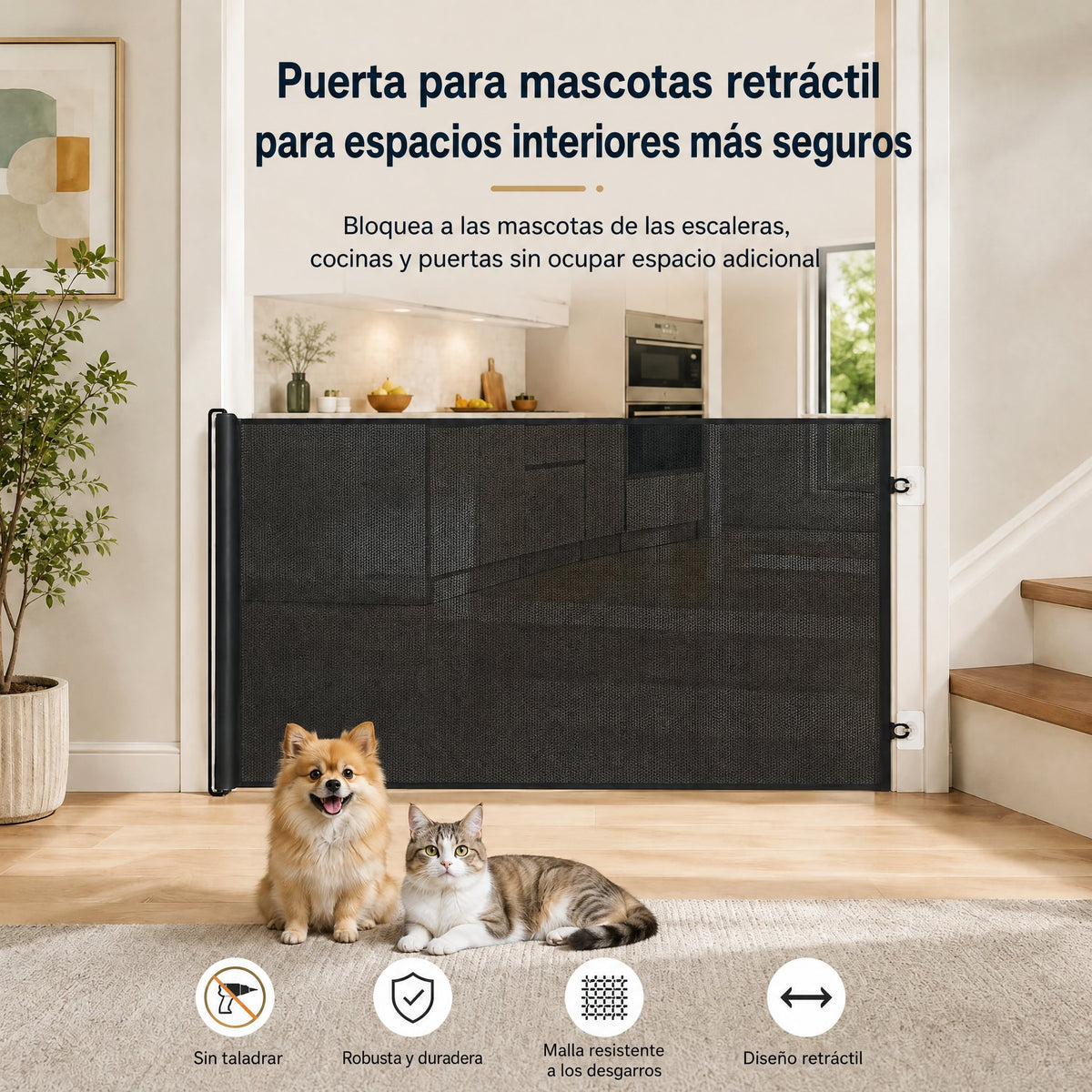 barrera extensible para mascotas sin taladrar para puertas, cocinas y escaleras - Mantén a gatos y perros alejados de zo