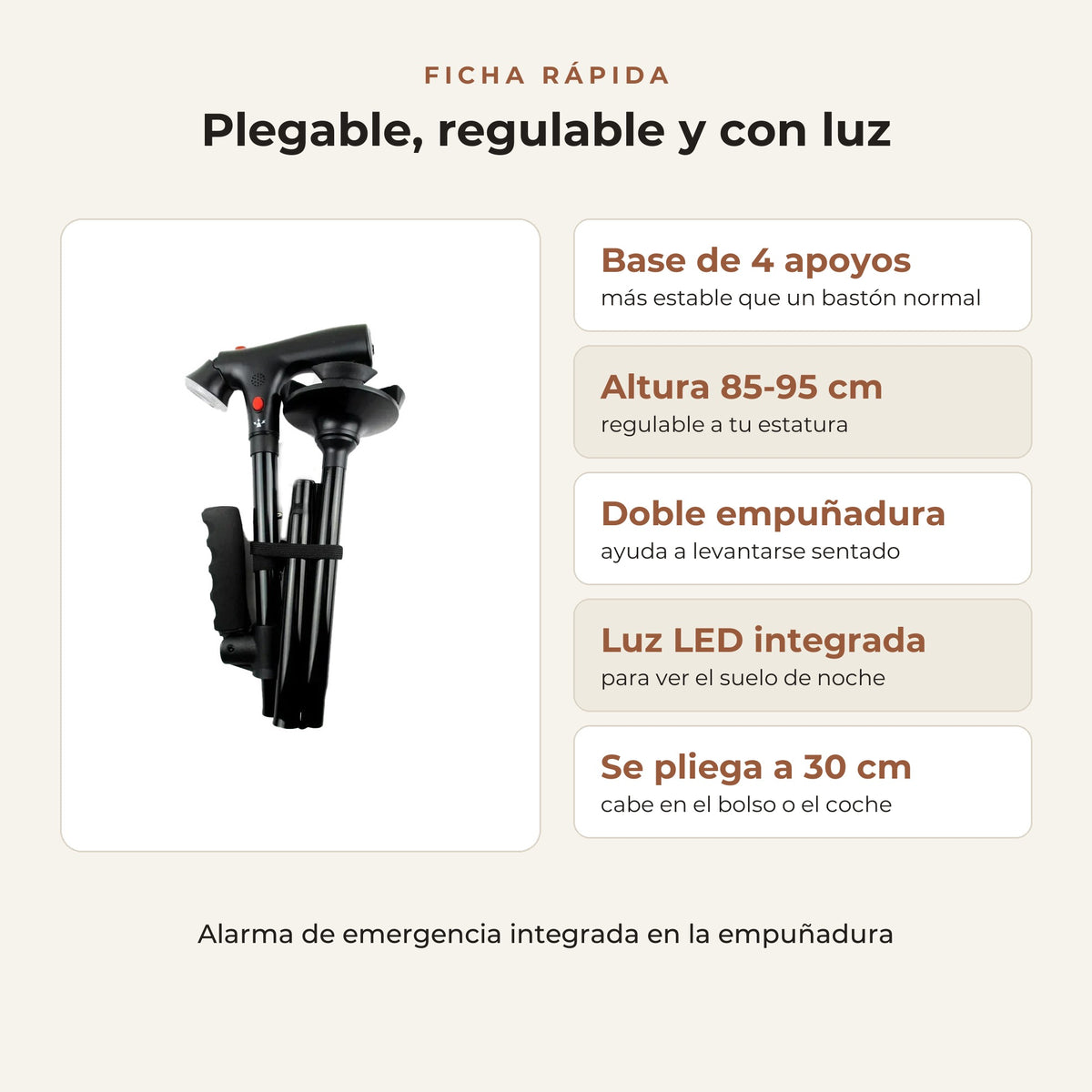 Bastón plegable con doble empuñadura, alarma y linterna