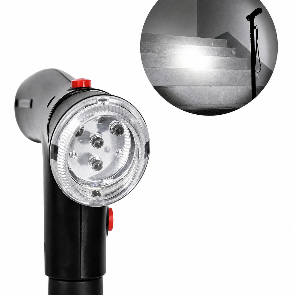 Bastón plegable con doble empuñadura, alarma y linterna