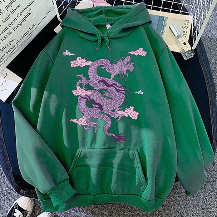 Sudadera con capucha cálida para hombre - Estampado de dragón, poliéster, estilo casual