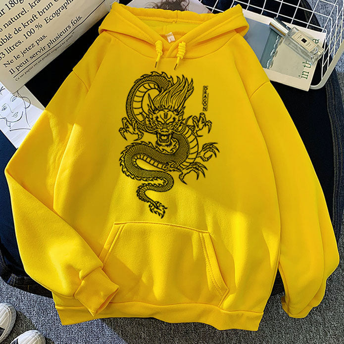 Sudadera con capucha cálida para hombre - Estampado de dragón, poliéster, estilo casual