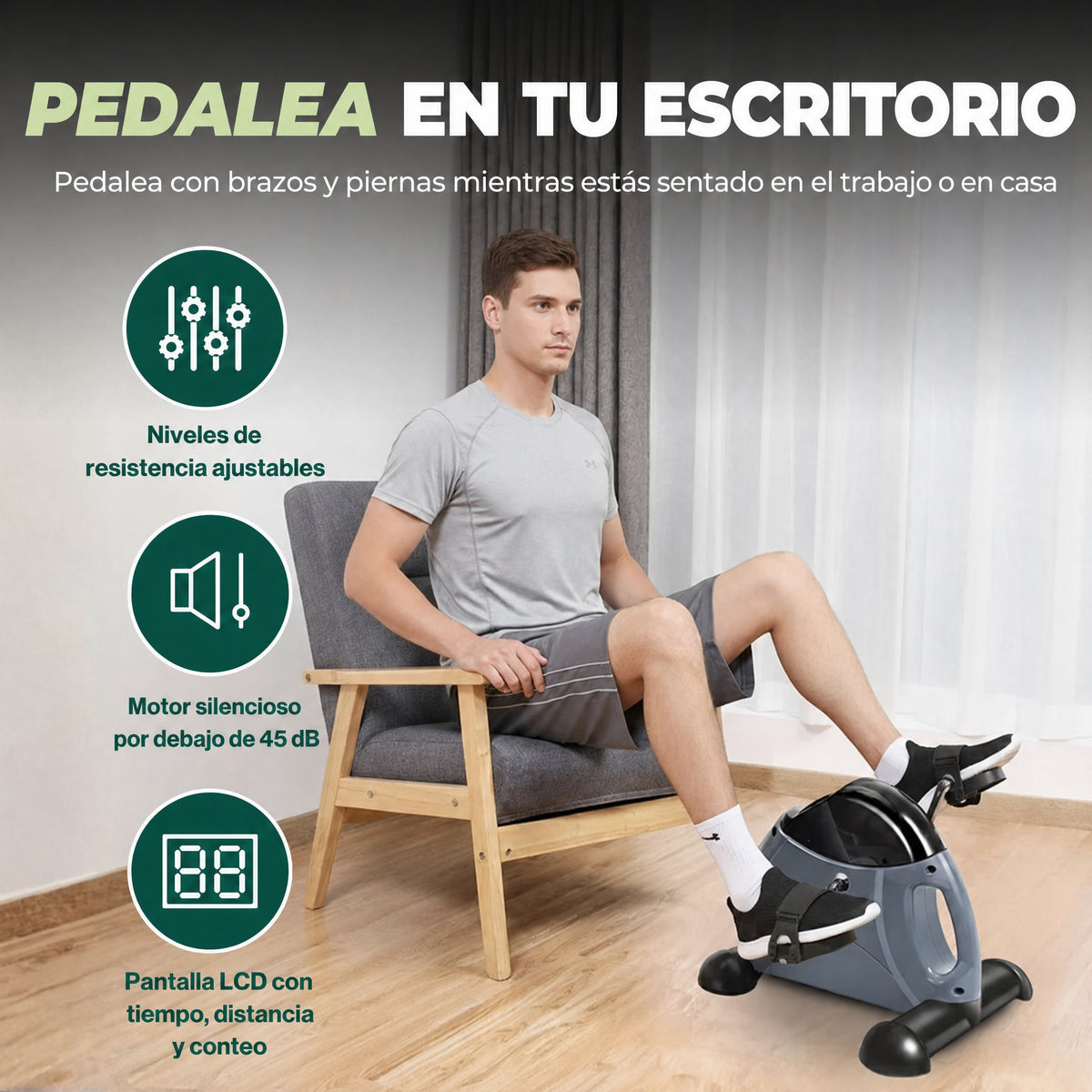 Bicicleta estática portátil de pedales para debajo del escritorio con resistencia ajustable y pantalla LCD
