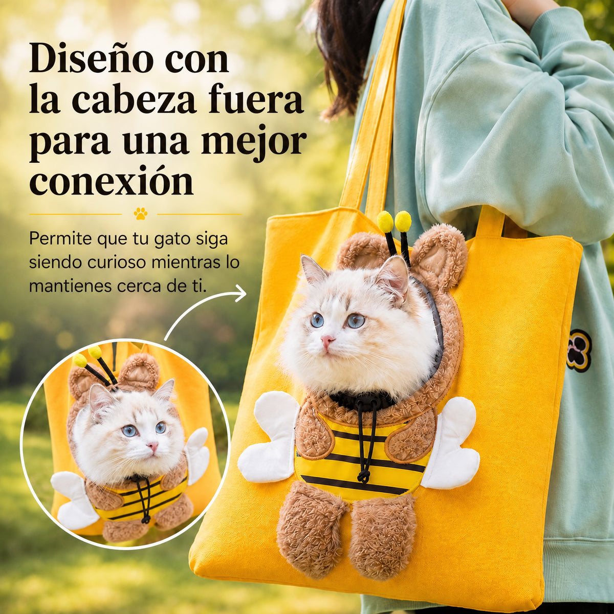 Bolso transportín para gatos con la cabeza al exterior para paseos y visitas al veterinario - Bolsa ligera de lona para 