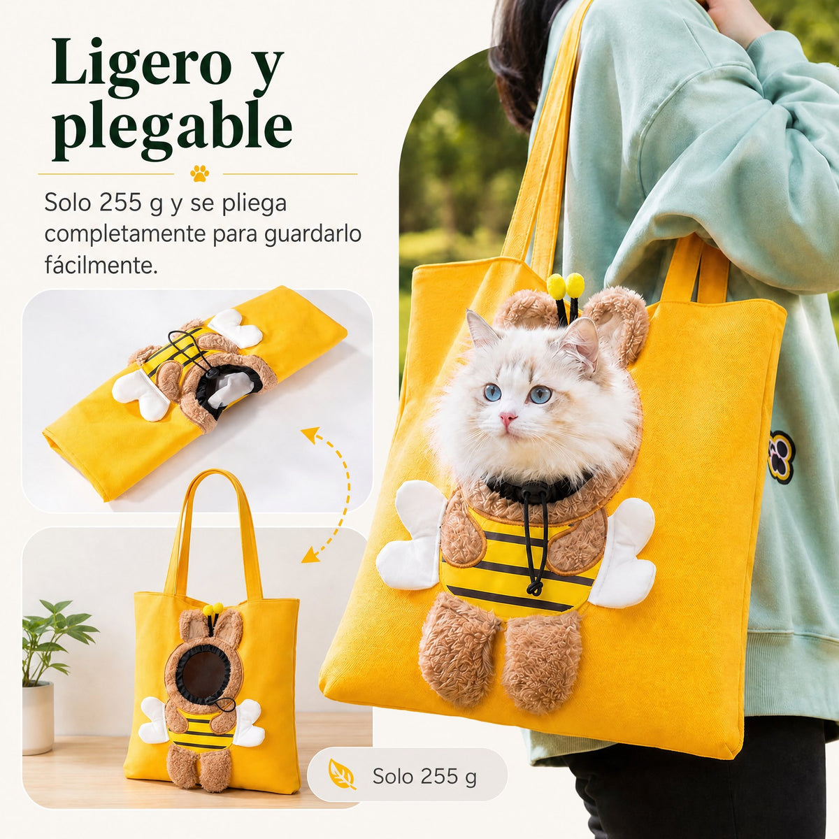 Bolso transportín para gatos con la cabeza al exterior para paseos y visitas al veterinario - Bolsa ligera de lona para 