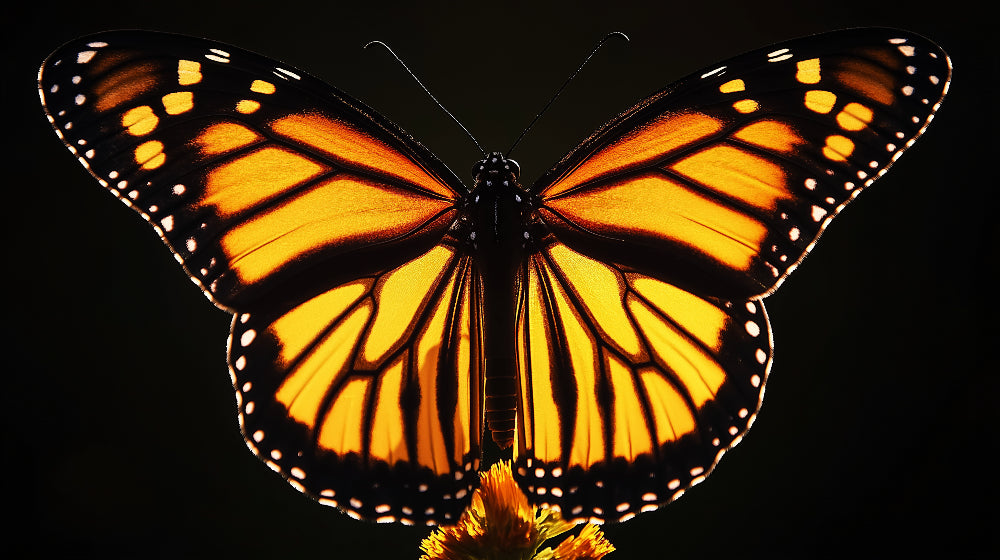 Papel pintado mural de mariposas | Alas de mariposa monarca en luz dorada