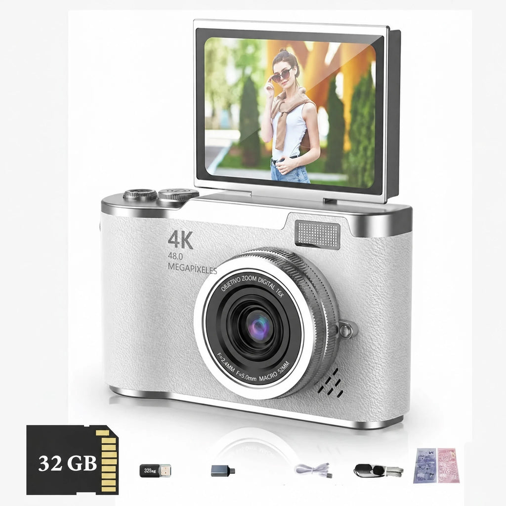 Cámara digital 4K con pantalla abatible 48 MP zoom 8X compacta para foto y vídeo