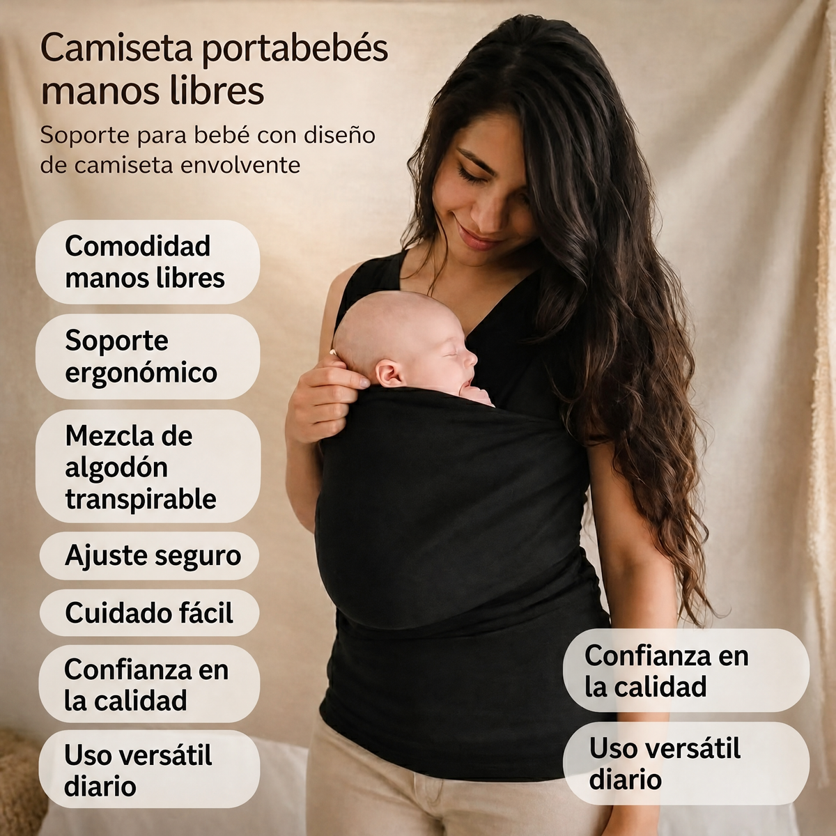 Camiseta portabebés tipo fular manos libres con diseño de camiseta envolvente para bebé