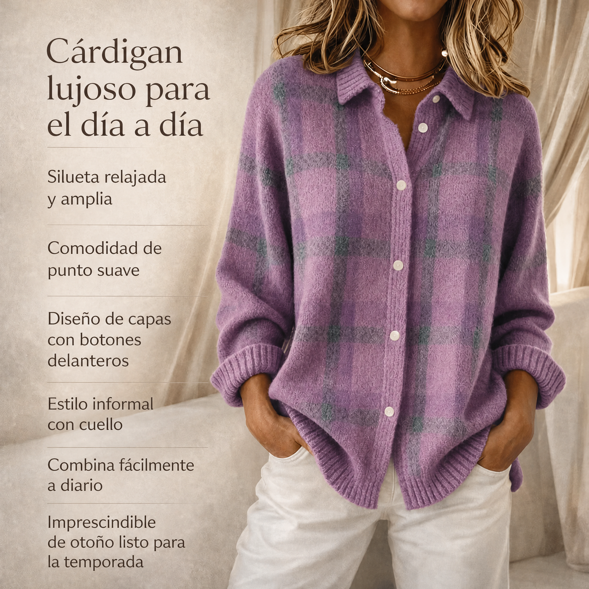 Cárdigan holgado casual de mujer, manga larga, con botones delanteros