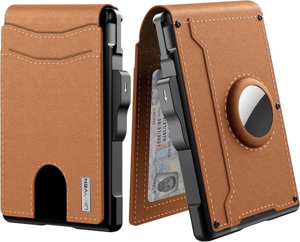 Cartera AirTag para hombre - con tarjetero emergente de aluminio, clip para billetes, cuero fino, ranuras para tarjetas de crédito, bloqueo RFID, billetera minimalista bifold