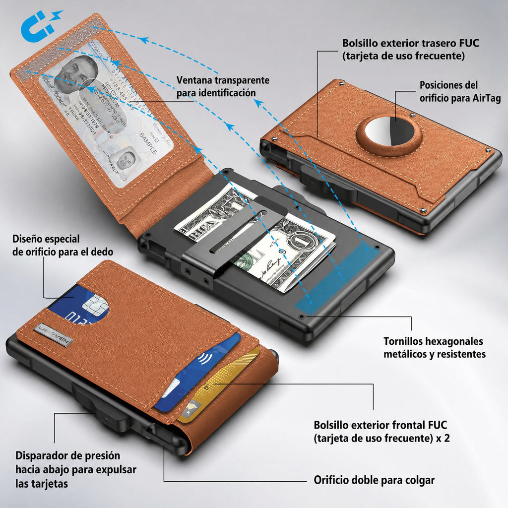 Cartera AirTag para hombre - con tarjetero emergente de aluminio, clip para billetes, cuero fino, ranuras para tarjetas 