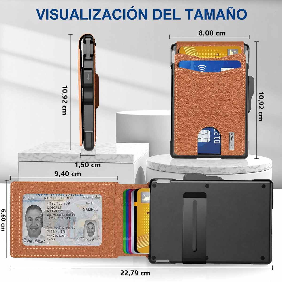 Cartera AirTag para hombre - con tarjetero emergente de aluminio, clip para billetes, cuero fino, ranuras para tarjetas 