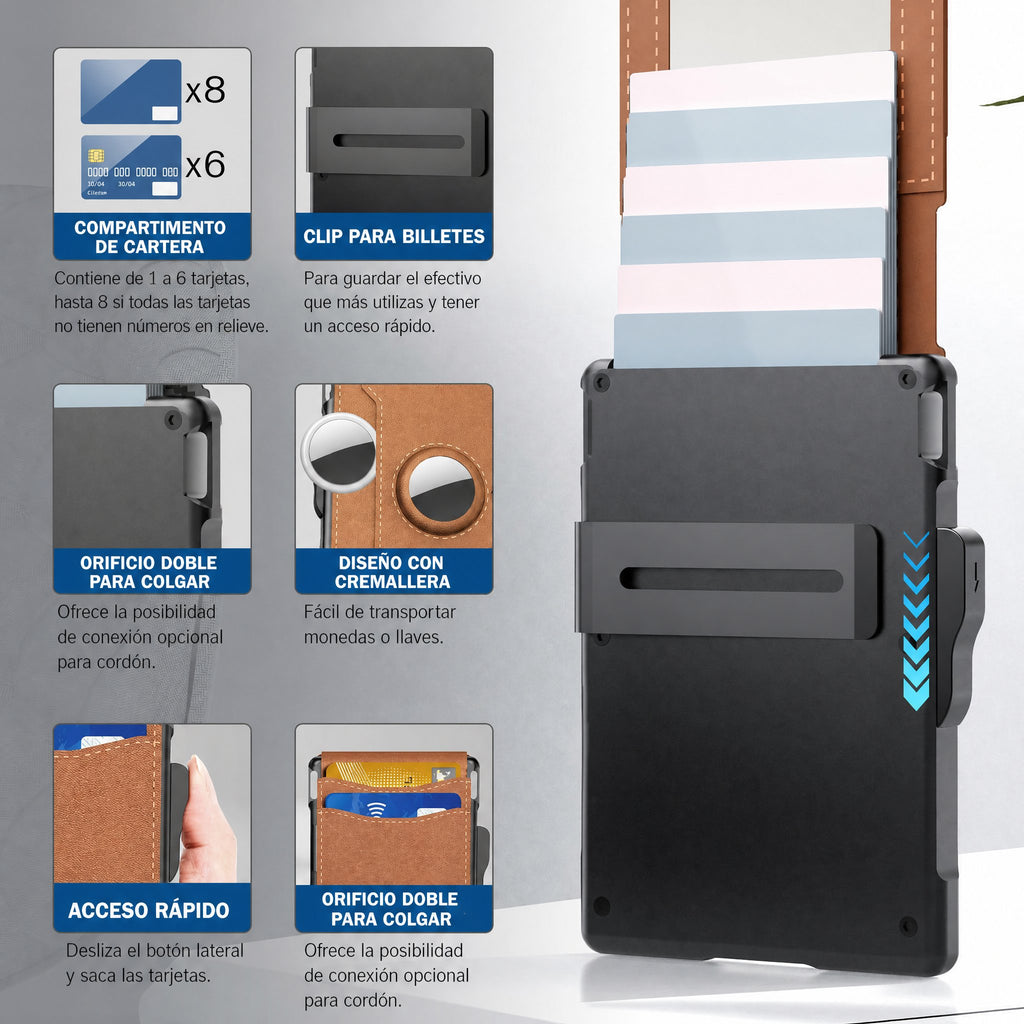 Cartera AirTag para hombre - con tarjetero emergente de aluminio, clip para billetes, cuero fino, ranuras para tarjetas 